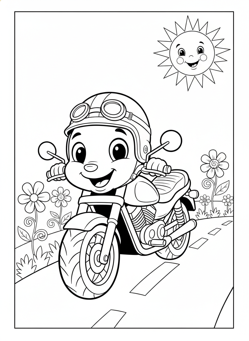 Friendly Cartoon Motorcycle Adventure Coloring Page for Kids