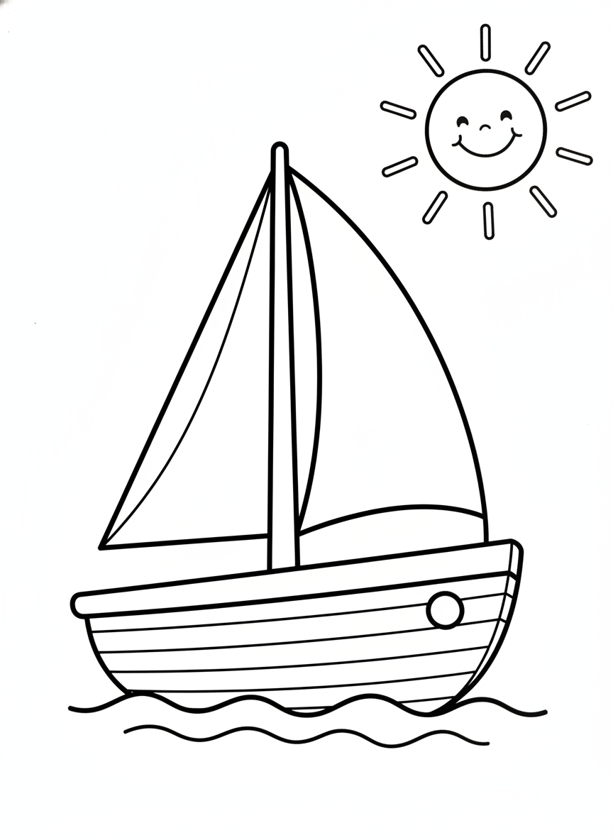 Friendly Cartoon Sailboat Coloring Page for Kids