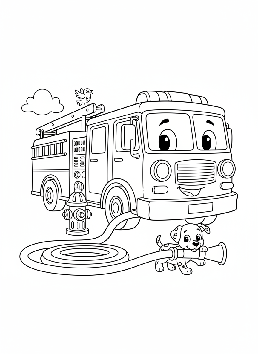 友善的消防車與大麥町狗狗著色頁