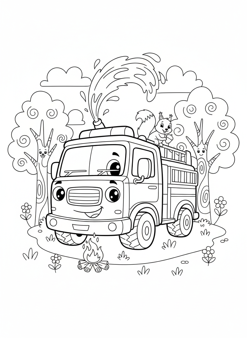 友善消防車與森林動物著色頁