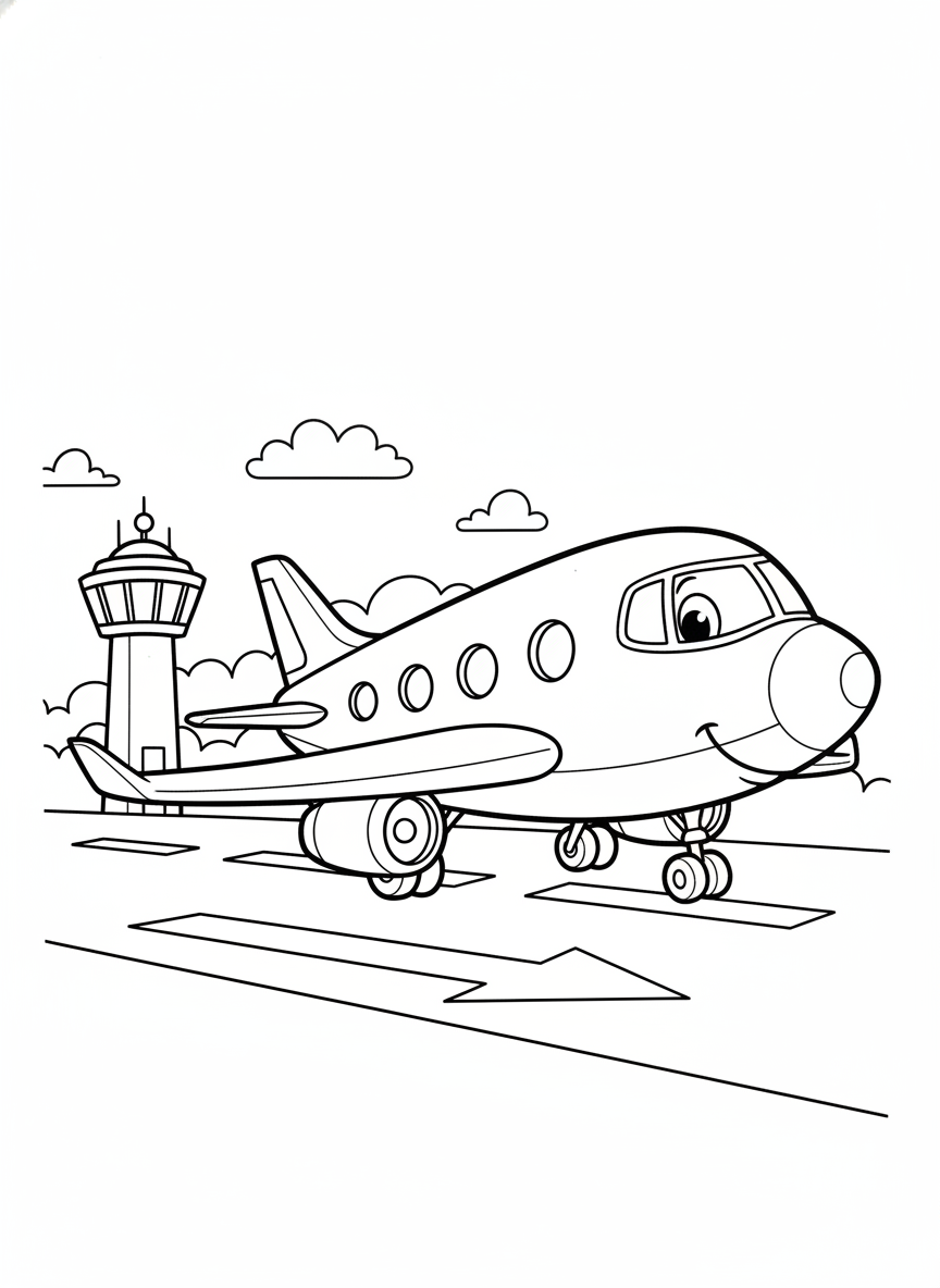 Friendly Jet Plane Takeoff Coloring Page