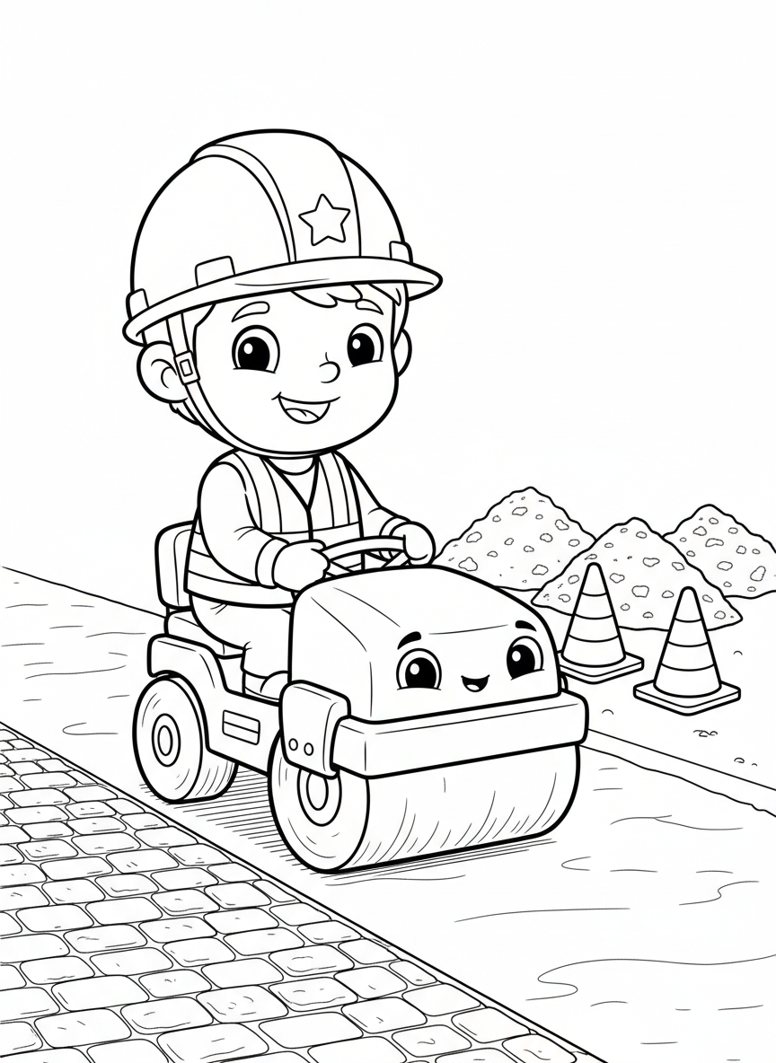 Friendly Paver Worker & Road Roller Coloring Page