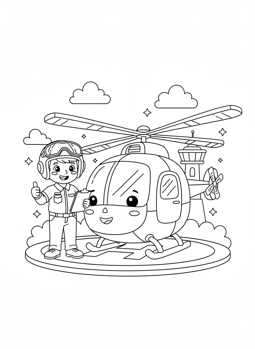 Friendly Pilot & Whimsical Helicopter Coloring Page