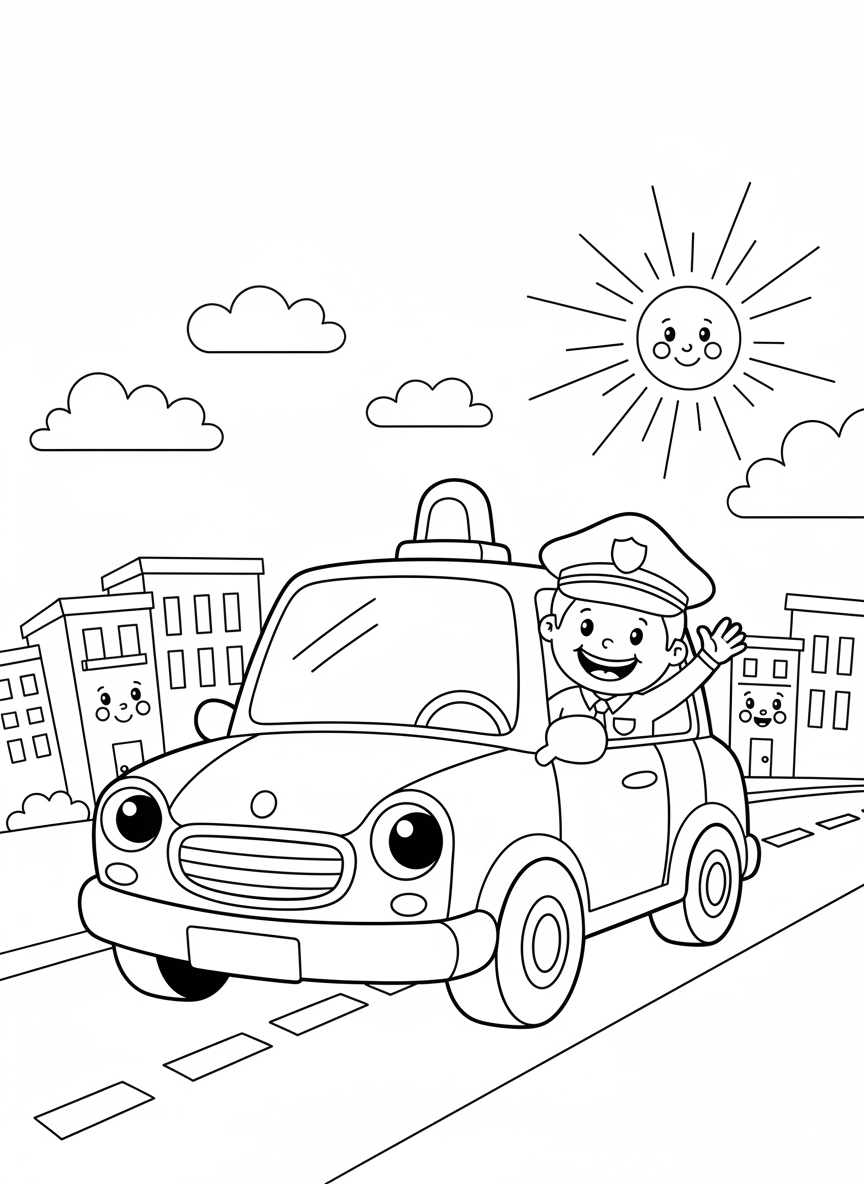 Friendly Police Car City Adventure Coloring Page