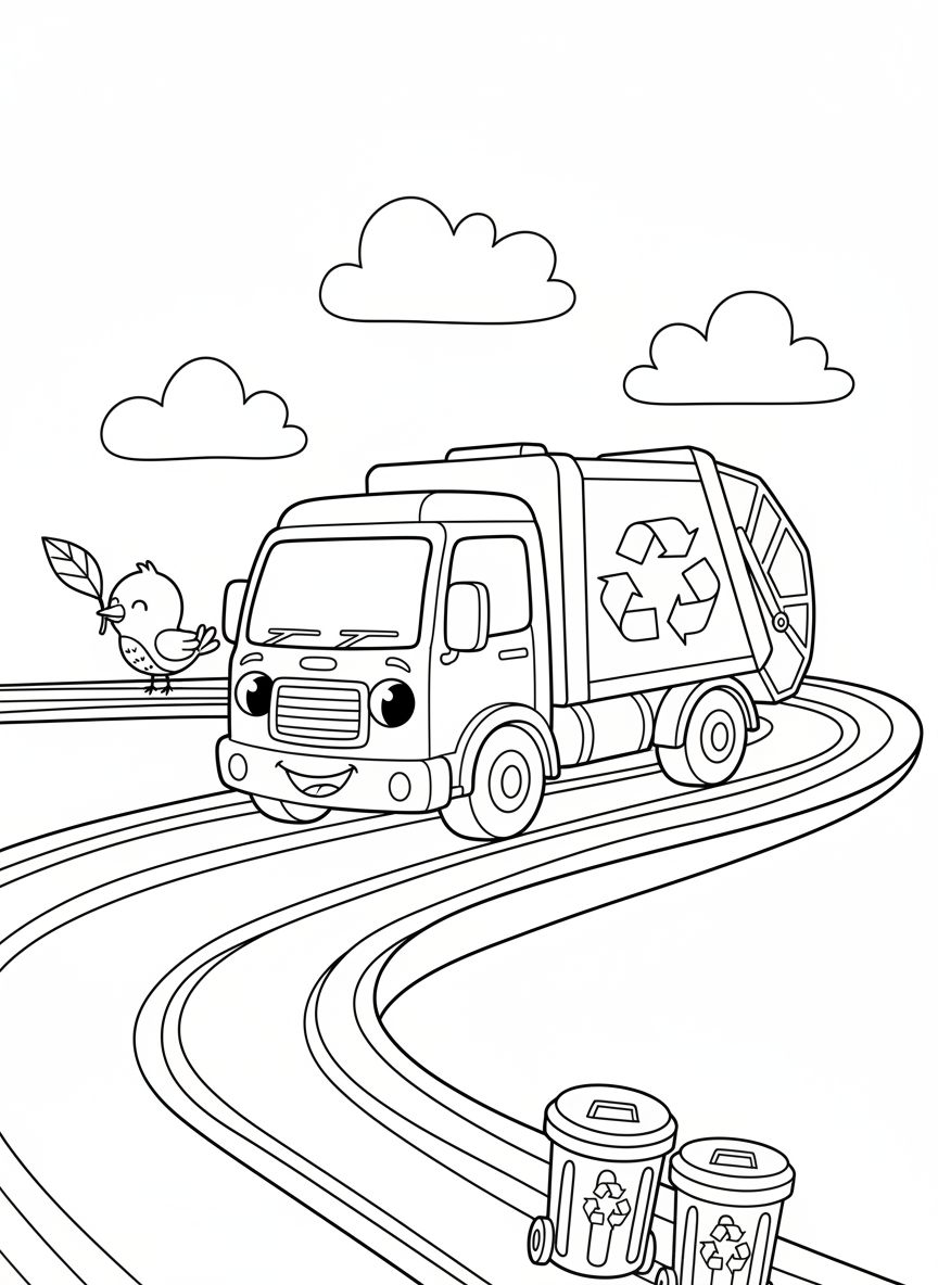 友善回收垃圾車兒童著色頁