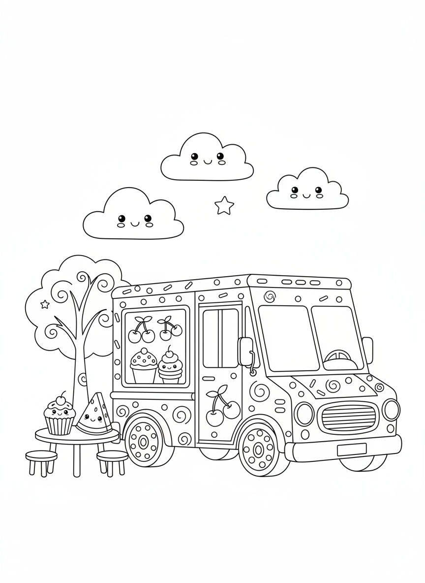 Fun Ice Cream Truck Picnic Coloring Page for Kids