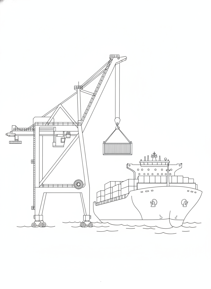 Giant Port Crane Coloring Page: Loading a Container Ship
