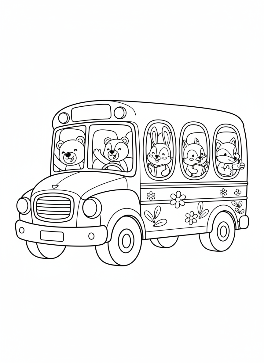 Happy School Bus Adventure: Animal Friends Coloring Page for Kids