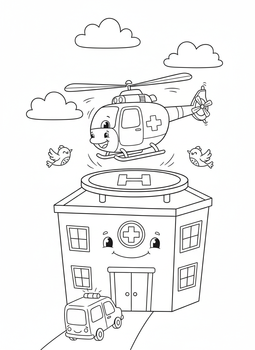 Helicopter Ambulance Hospital Landing Coloring Page