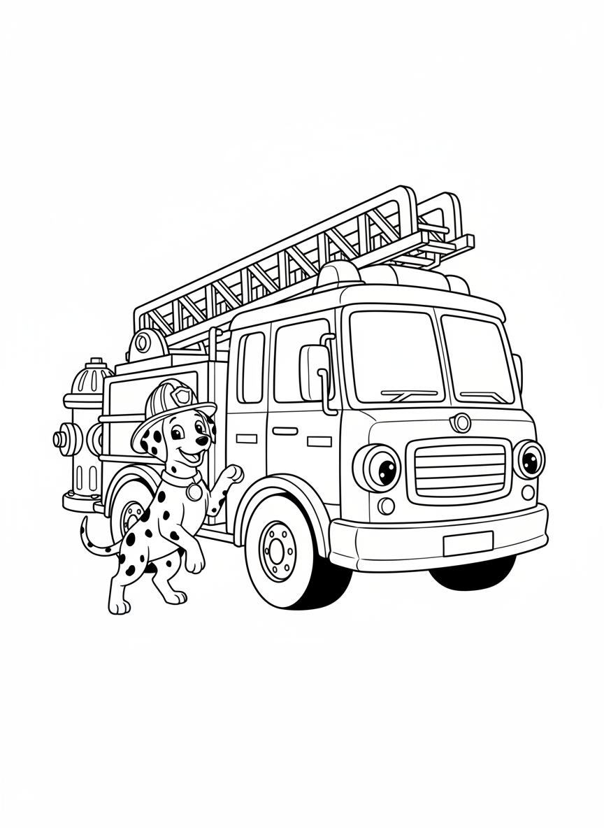 Heroic Fire Truck & Dalmatian Dog Kids Coloring Page