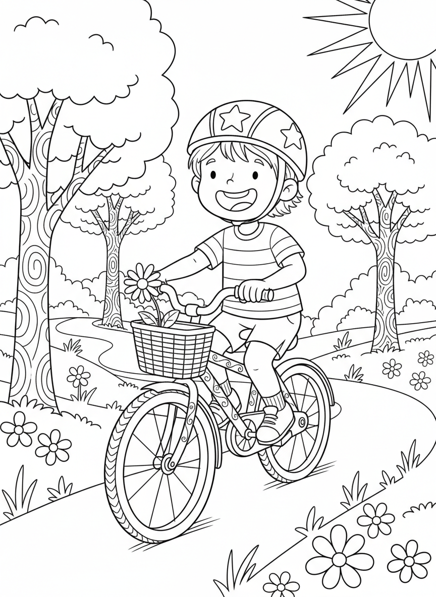 Joyful Child on Bicycle Coloring Page