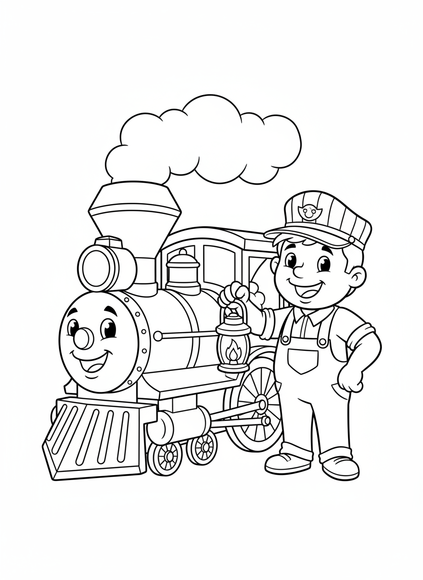 Joyful Train Conductor & Engine Coloring Page
