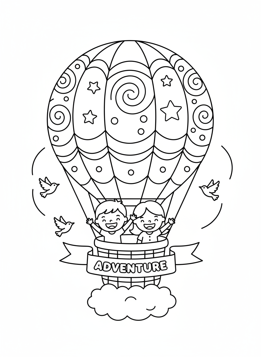 Kids' Hot Air Balloon Adventure Coloring Page