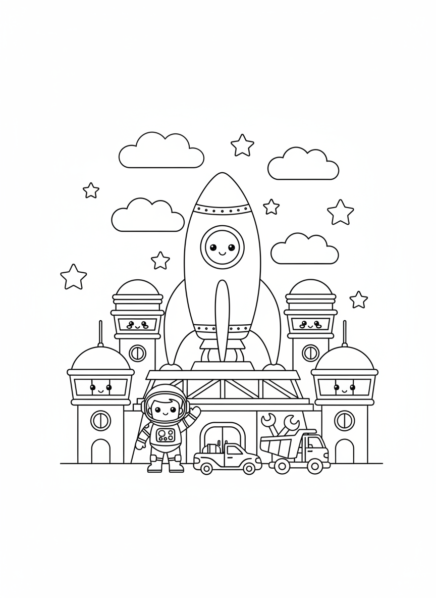 Kids' Rocket Launch Base Coloring Page