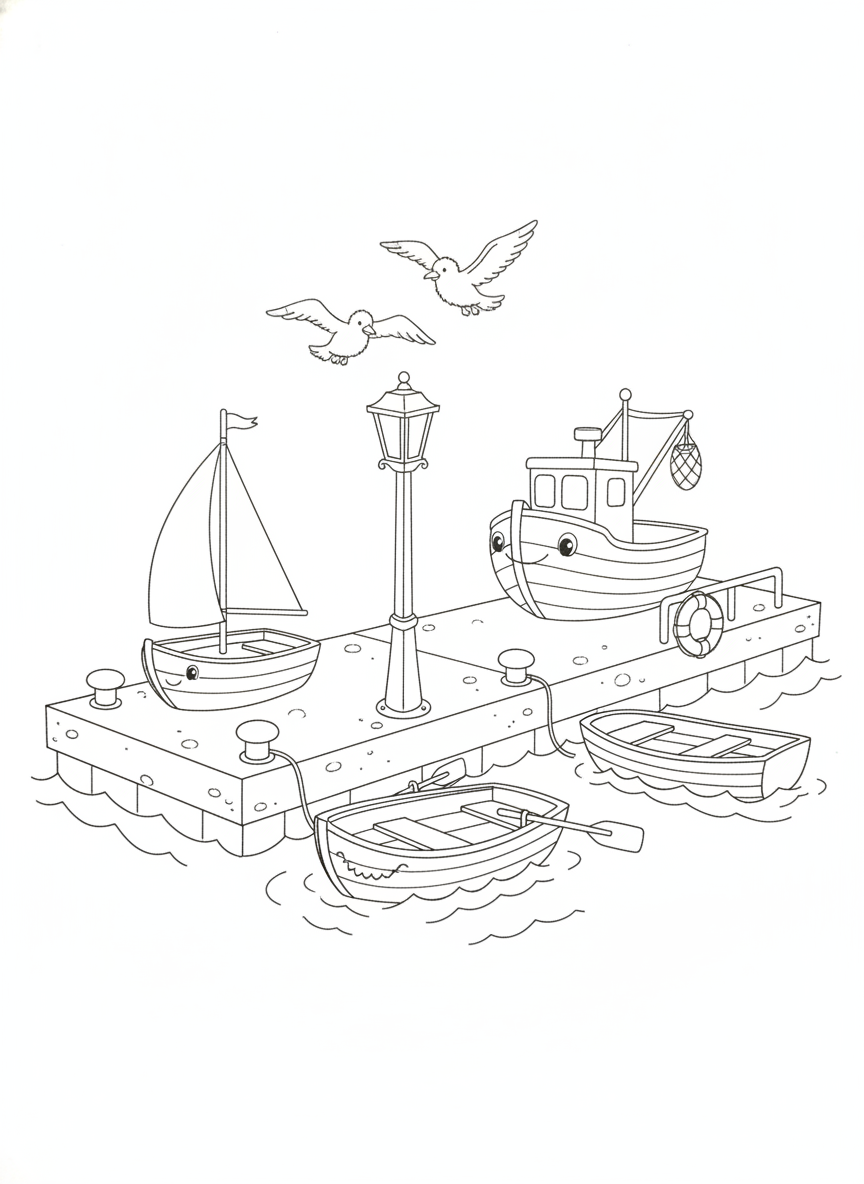 Lively Harbor Pier: Cartoon Boats & Playful Seagulls Coloring Page