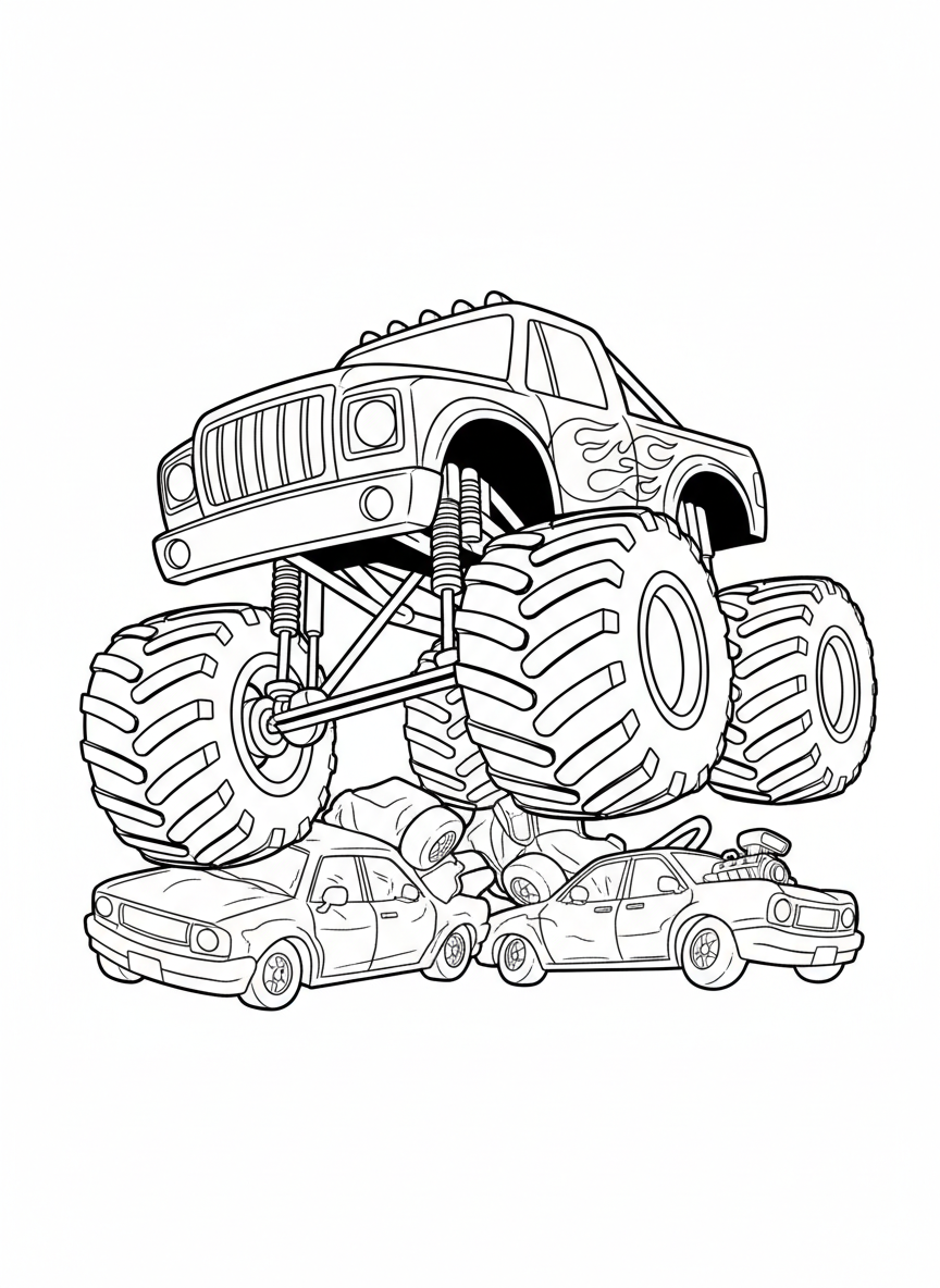 Monster Truck Crushing Fun Coloring Page