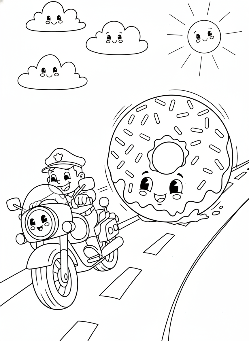 Police Motorcycle Chasing Donut Coloring Page