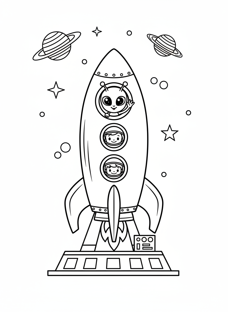 Rocket Adventure: Friendly Alien in Space Coloring Page
