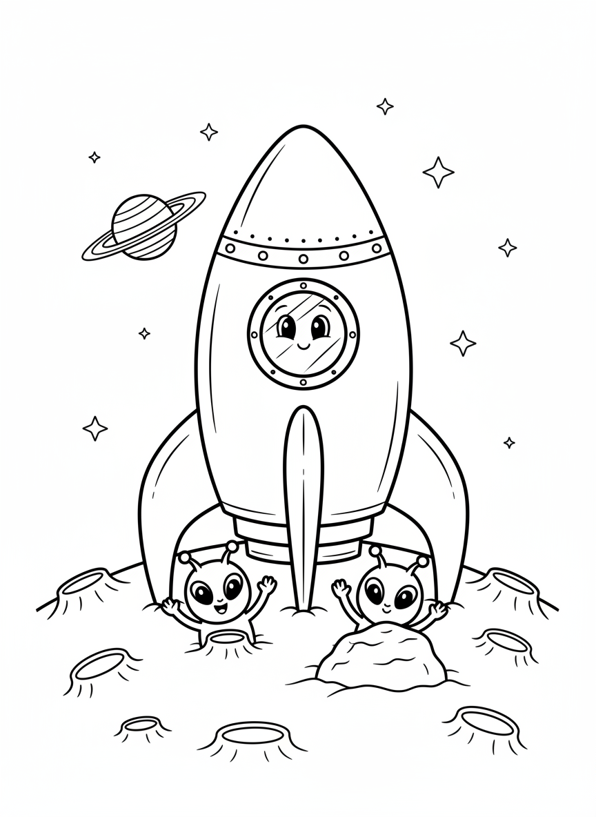 Rocket on Moon with Alien Friends Coloring Page