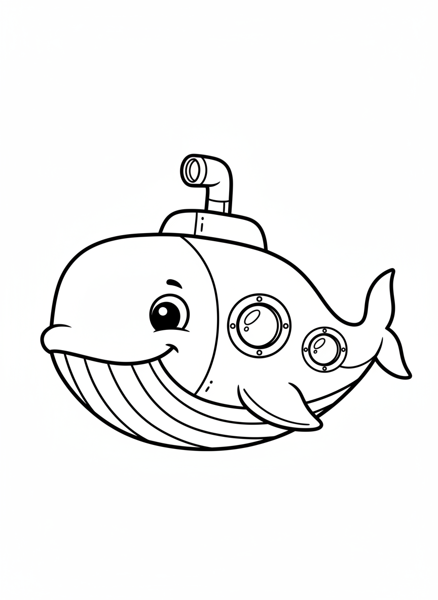 Smiling Whale Submarine Coloring Page for Kids