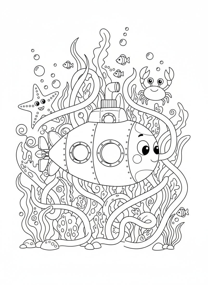 Submarine Maze Adventure Coloring Page