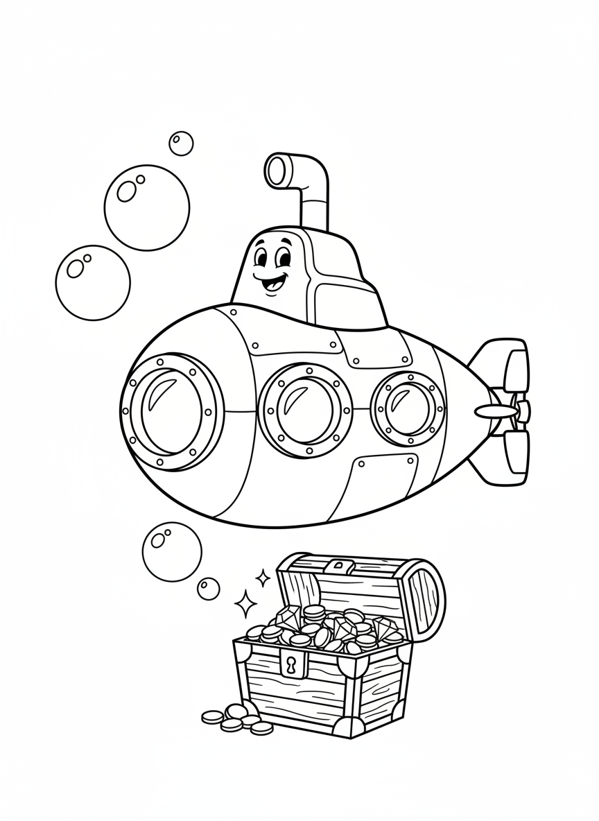 Submarine Treasure Hunt Coloring Page