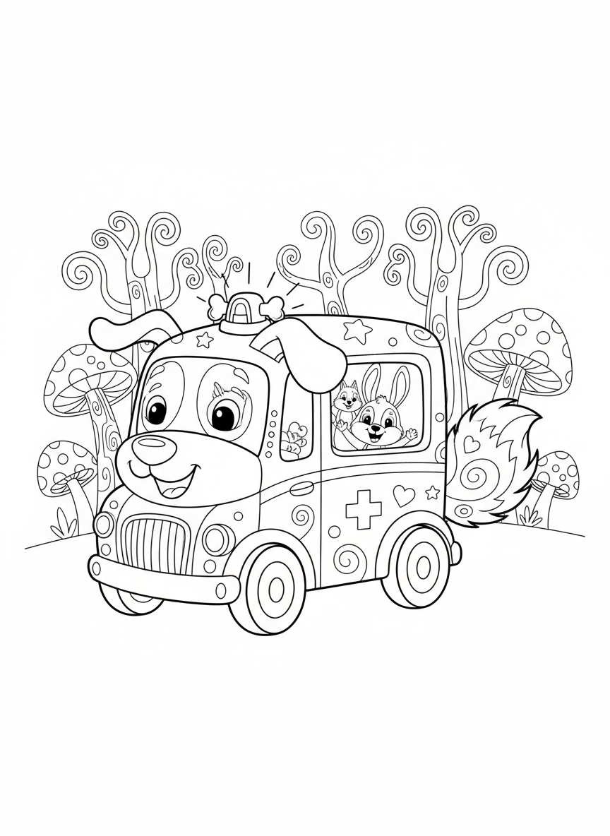 Whimsical Animal Ambulance Coloring Page