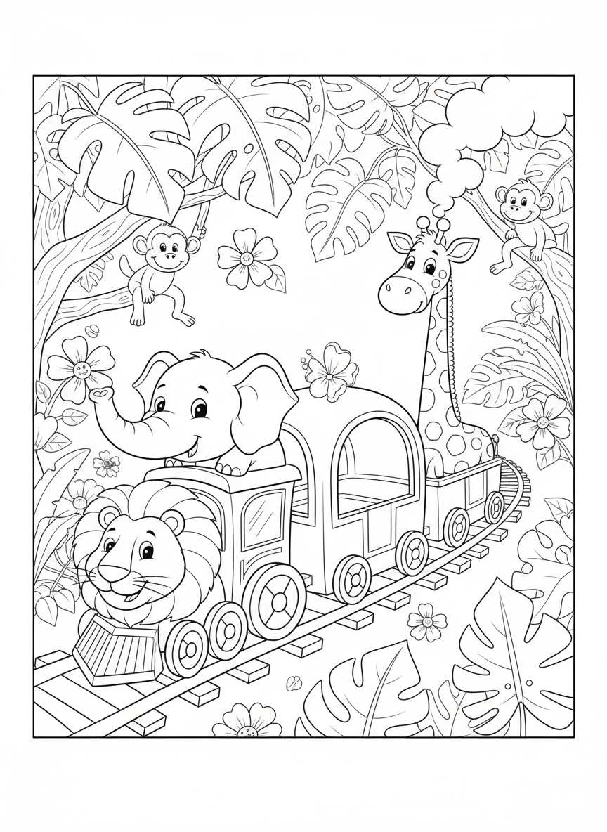 Whimsical Animal Train Jungle Adventure Coloring Page for Kids