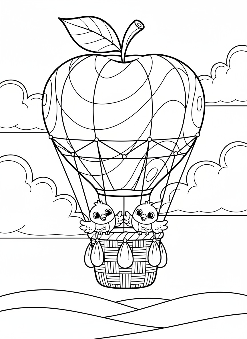 Whimsical Apple Hot Air Balloon Adventure Coloring Page