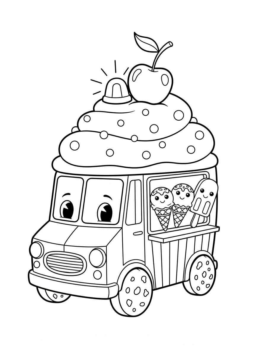 Whimsical Cupcake Ice Cream Truck Coloring Page