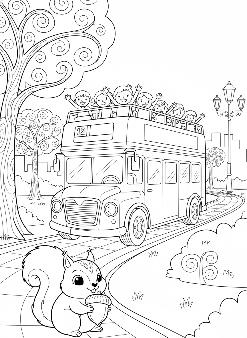 Whimsical Double-Decker Bus Park Tour Coloring Page