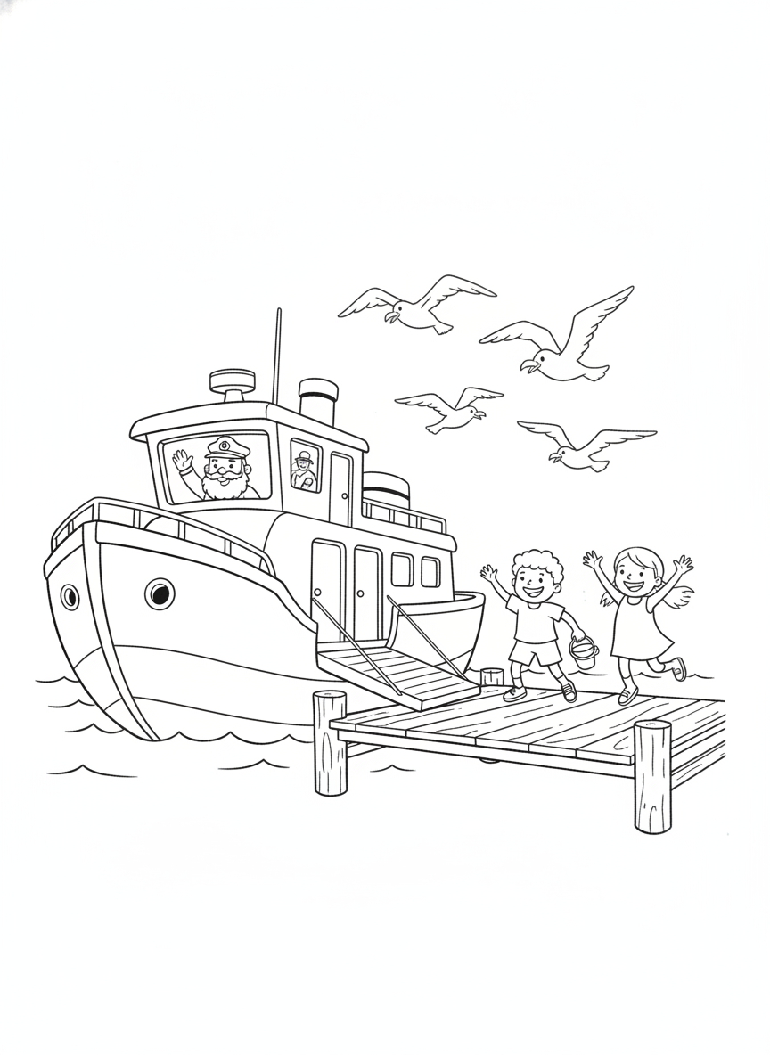 Whimsical Ferry Boat Adventure: Kids & Captain Waving Coloring Page