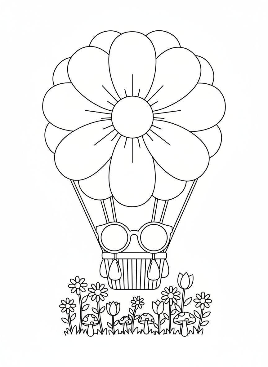 Whimsical Flower Hot Air Balloon Coloring Page