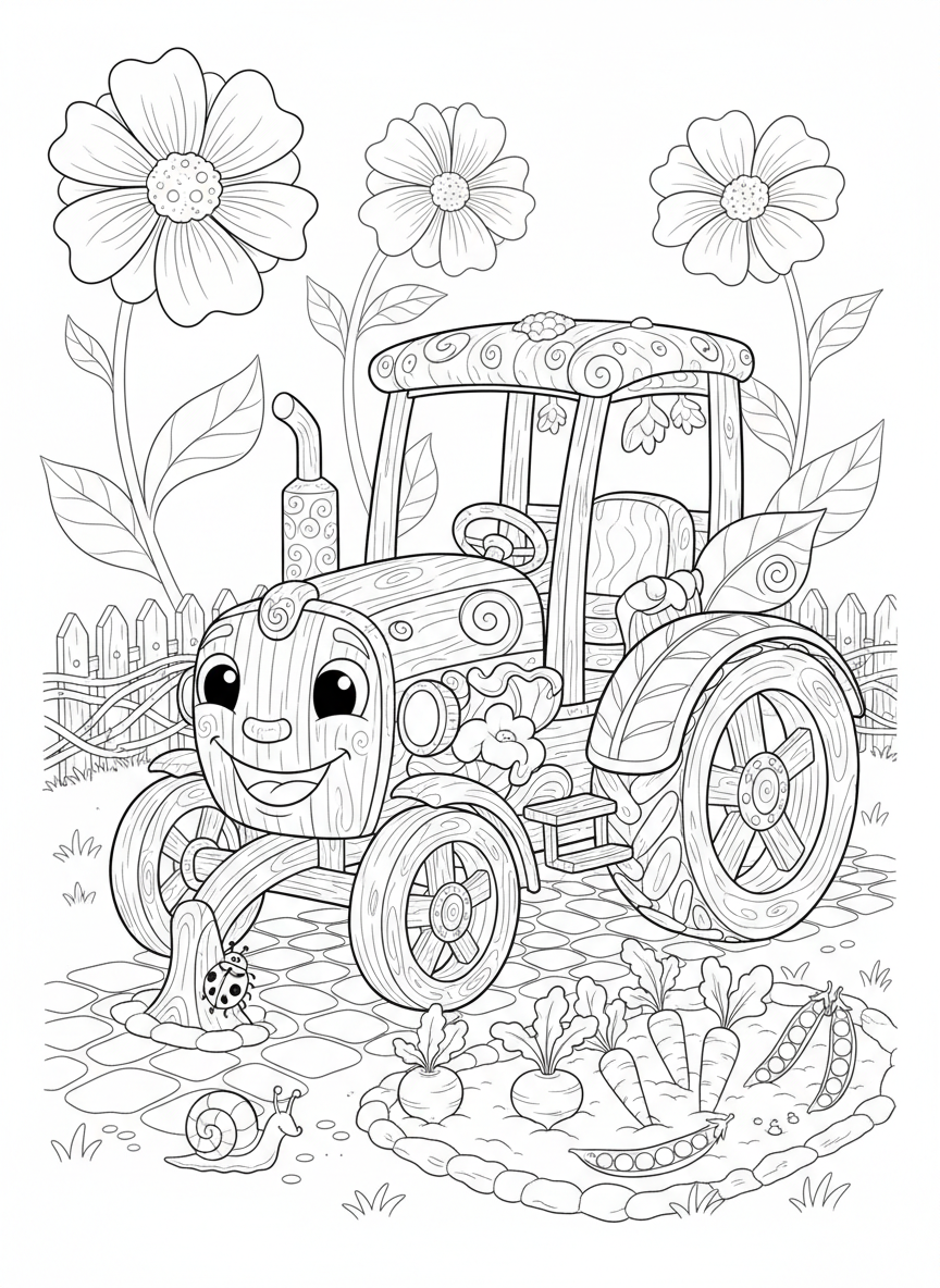 Whimsical Garden Tractor Coloring Page