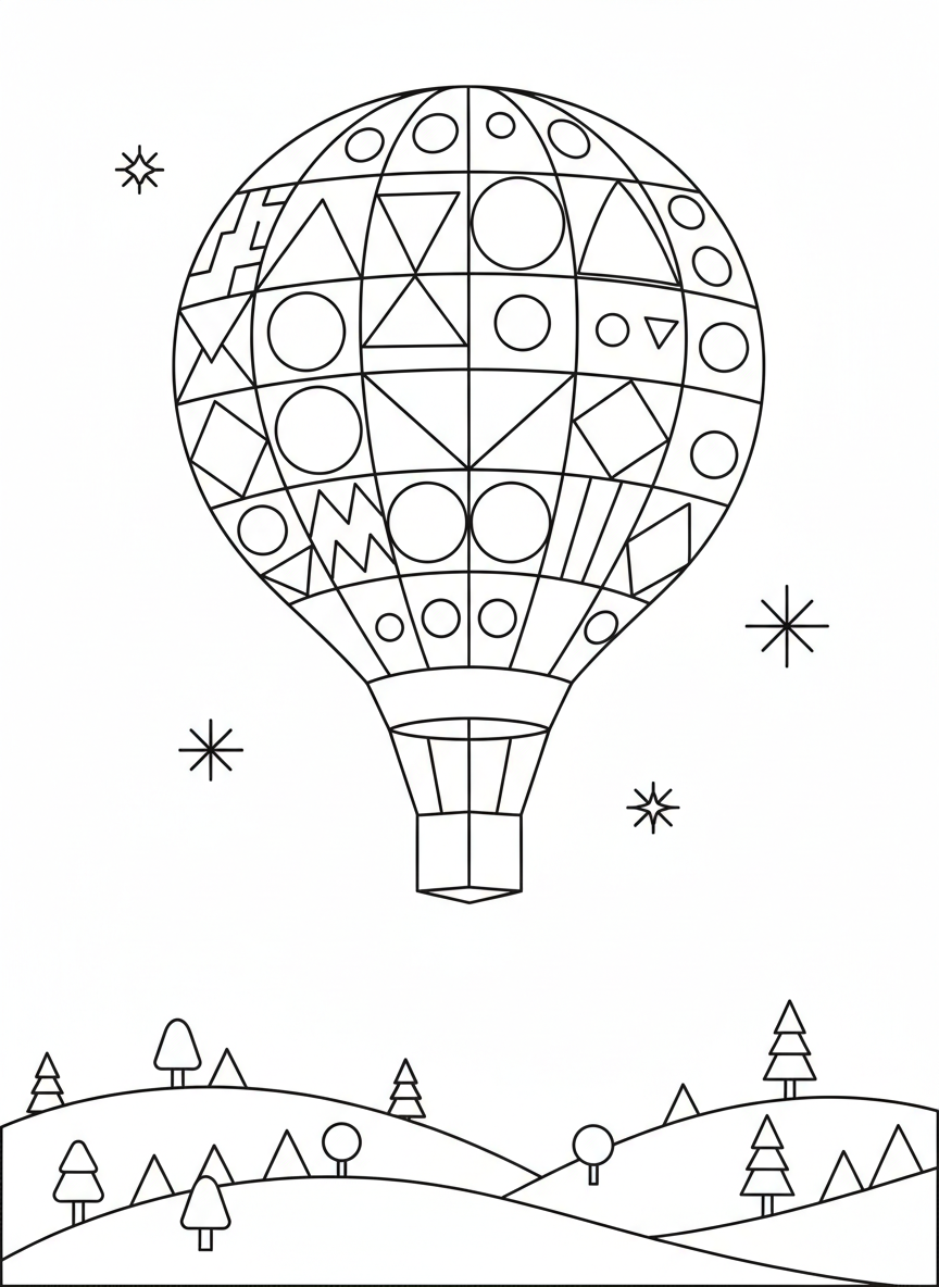 Whimsical Geometric Hot Air Balloon Coloring Page