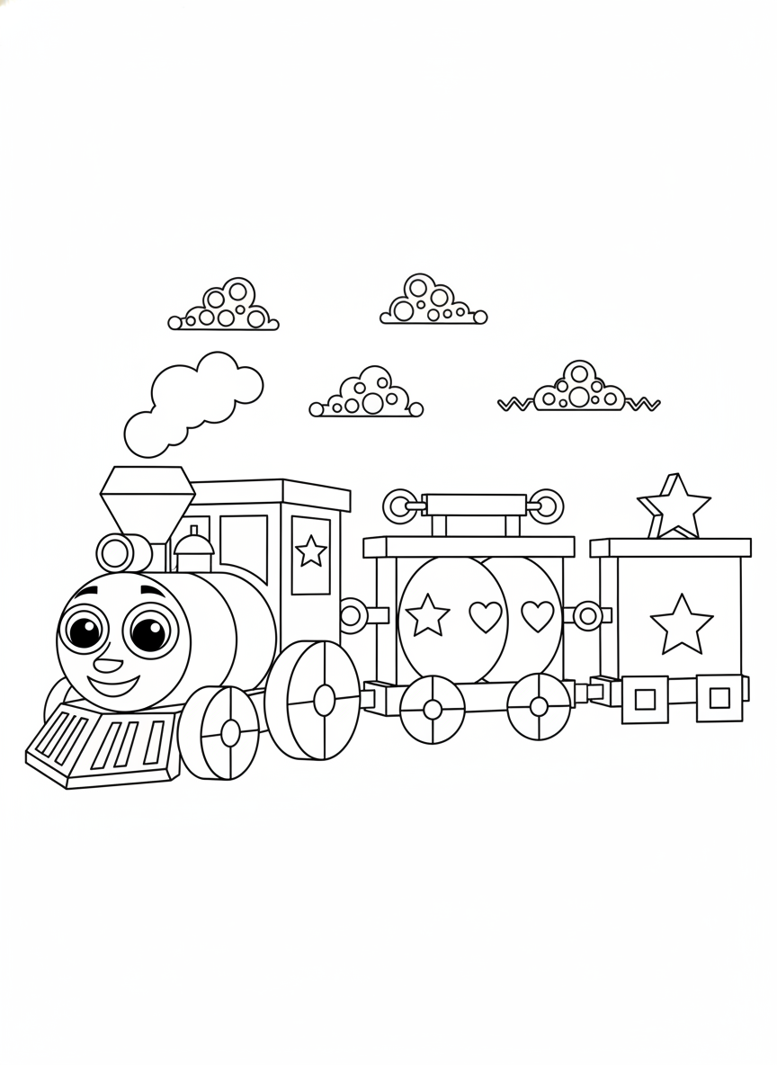 Whimsical Geometric Train Coloring Page for Kids