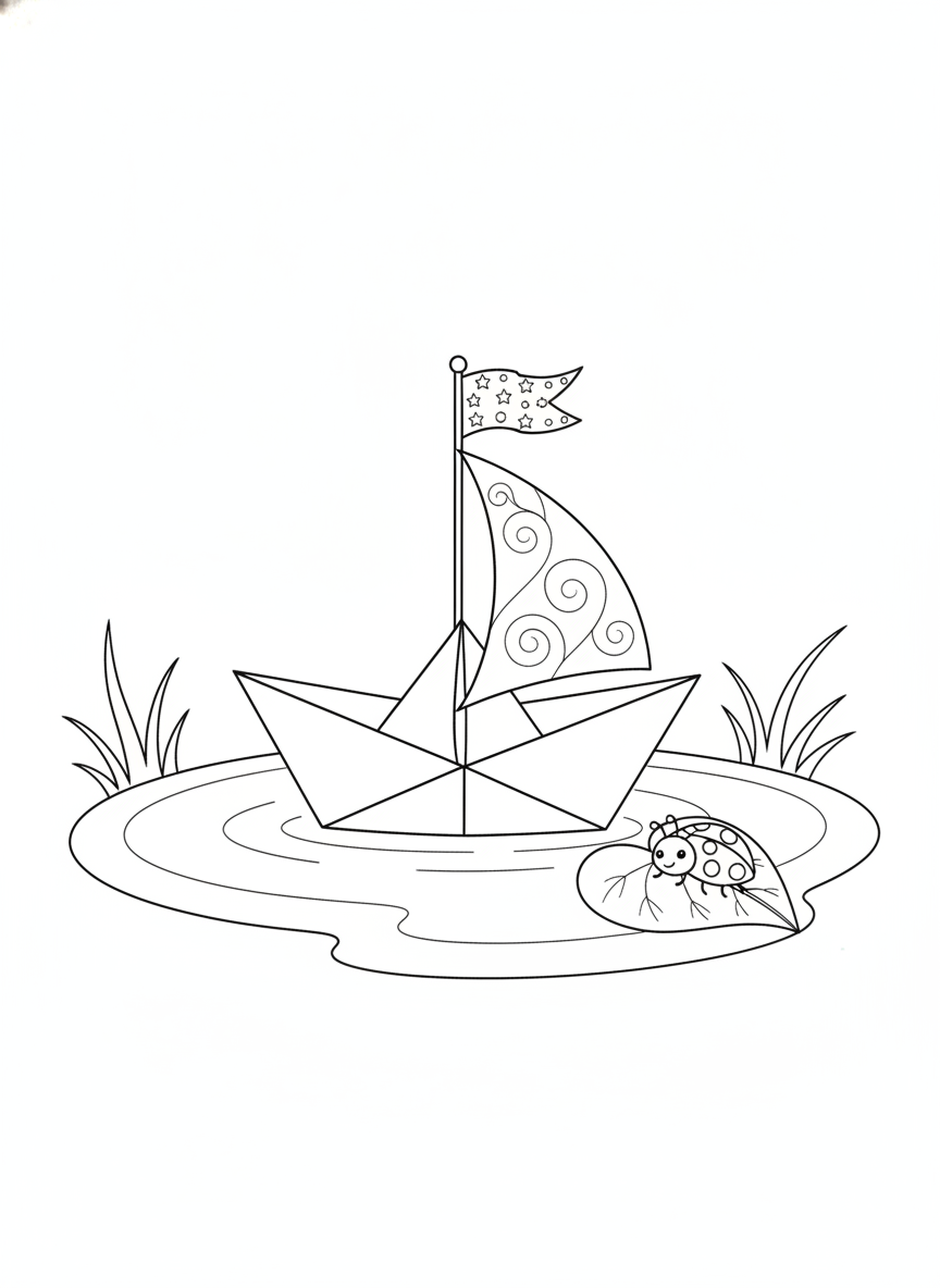 Whimsical Paper Boat in a Rain Puddle Coloring Page for Kids
