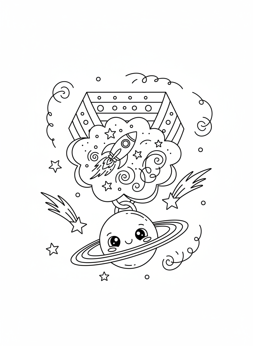 Whimsical Rocket Medal & Saturn Coloring Page