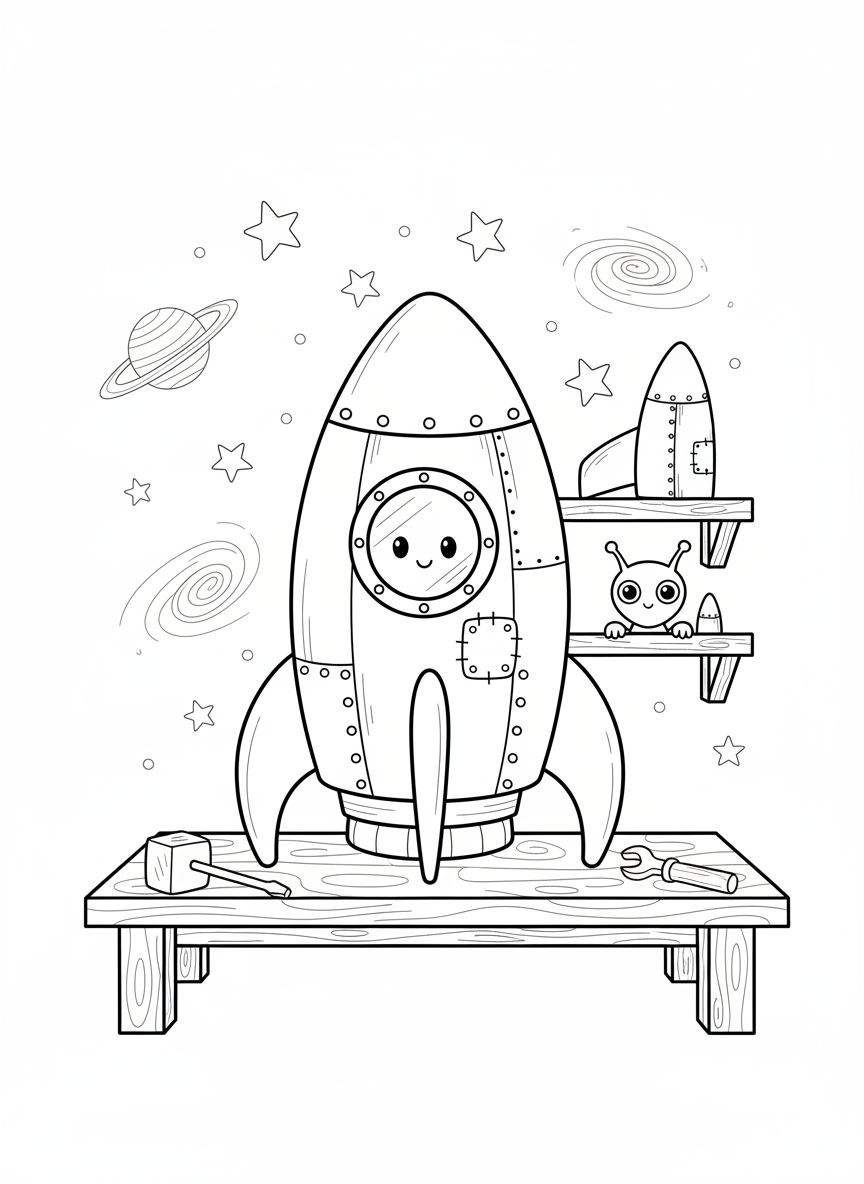 Whimsical Rocket Workshop Coloring Page for Kids