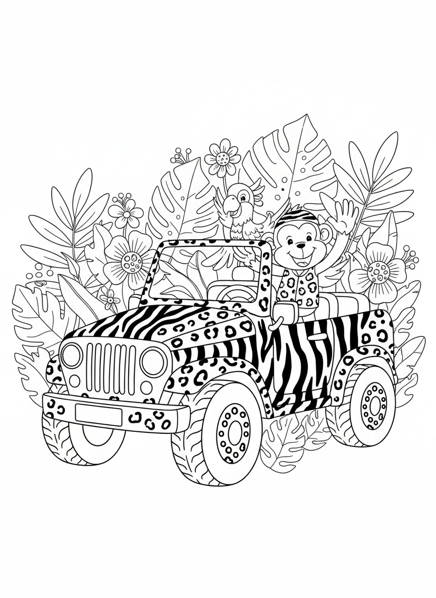 Whimsical Safari Jeep Adventure Coloring Page