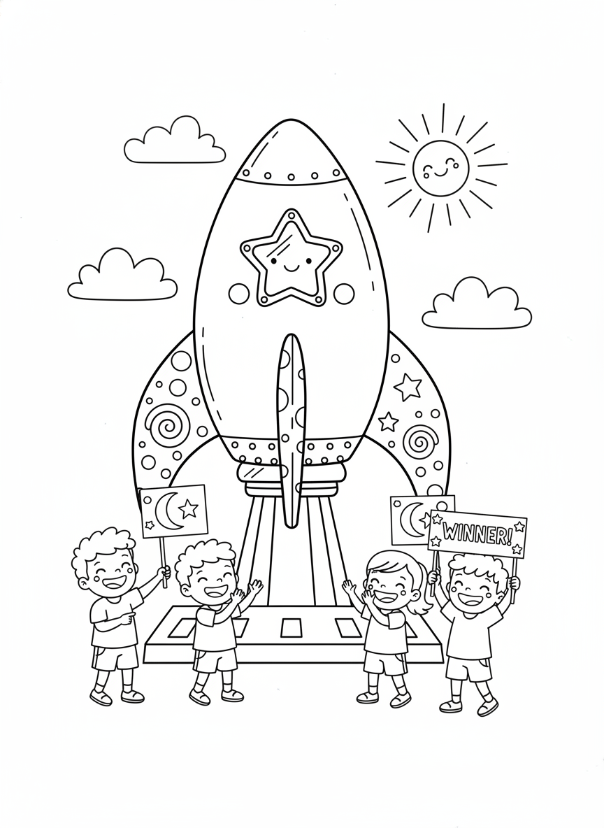 Whimsical Water Rocket Contest Coloring Page for Kids